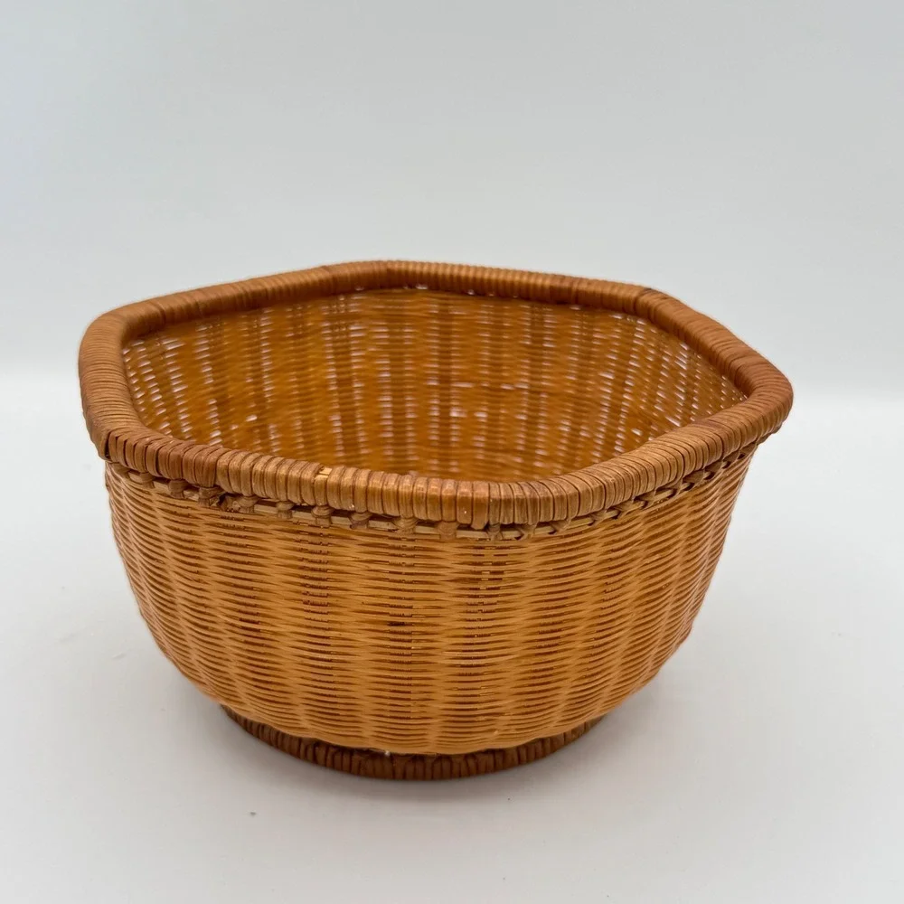 Vintage woven Wicker Basket Brown Boho Hexagonal Storage Decor Cottagecore